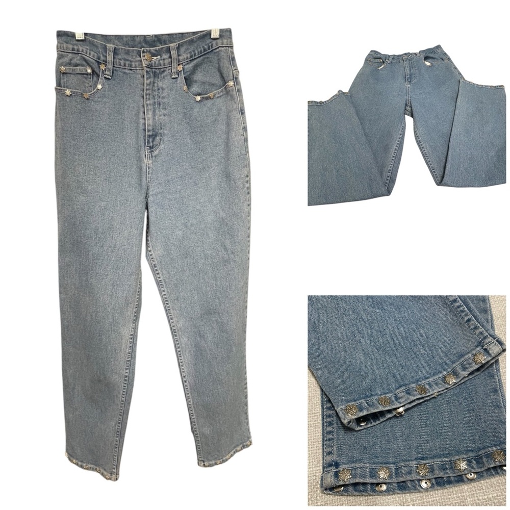 QVC Quaker Factory Denim Jeans blue women New w/ Tag Sz 10 silver flowers Accent